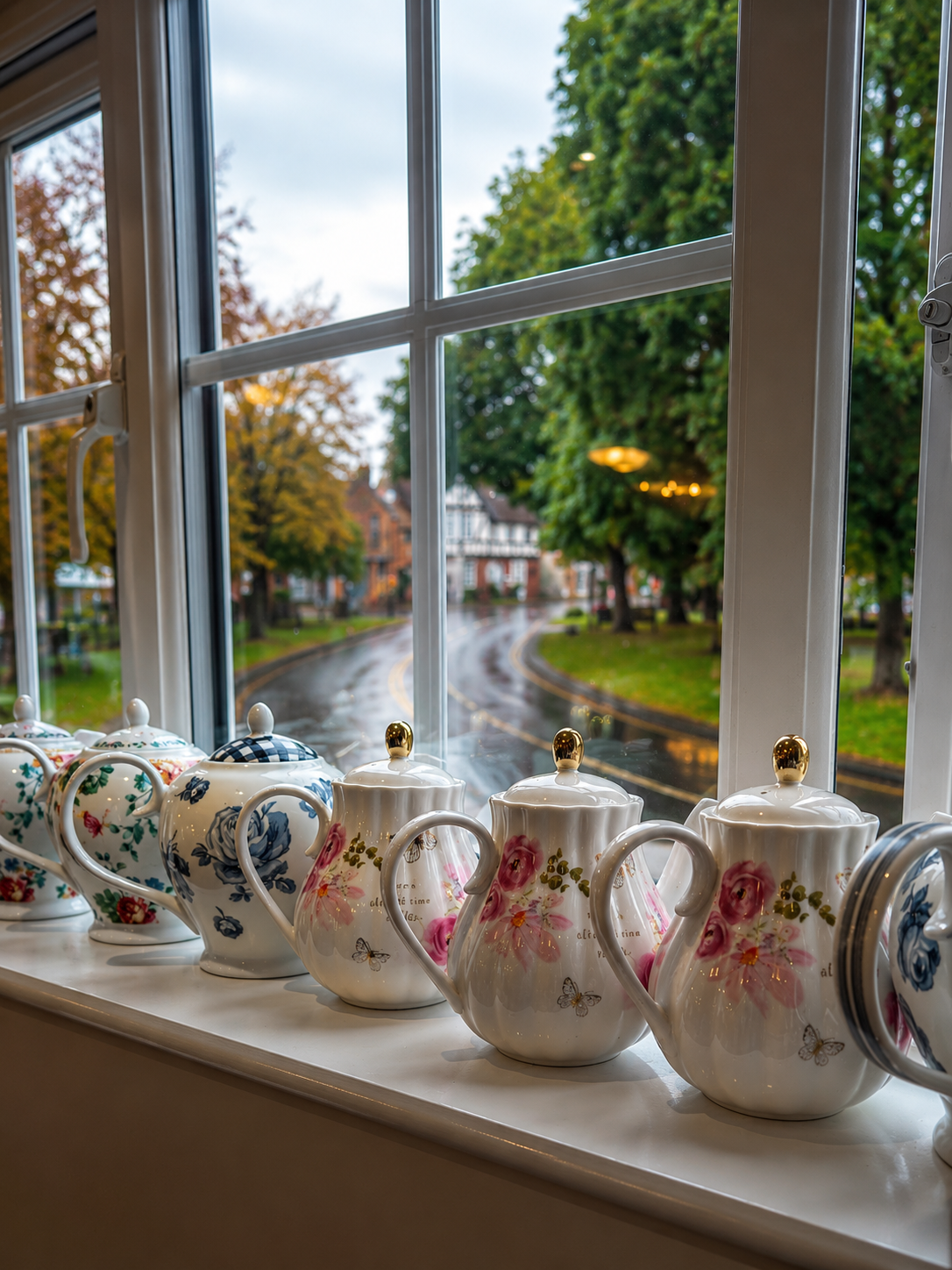 Floral teapots arranged in the front window at The Tea Cosy