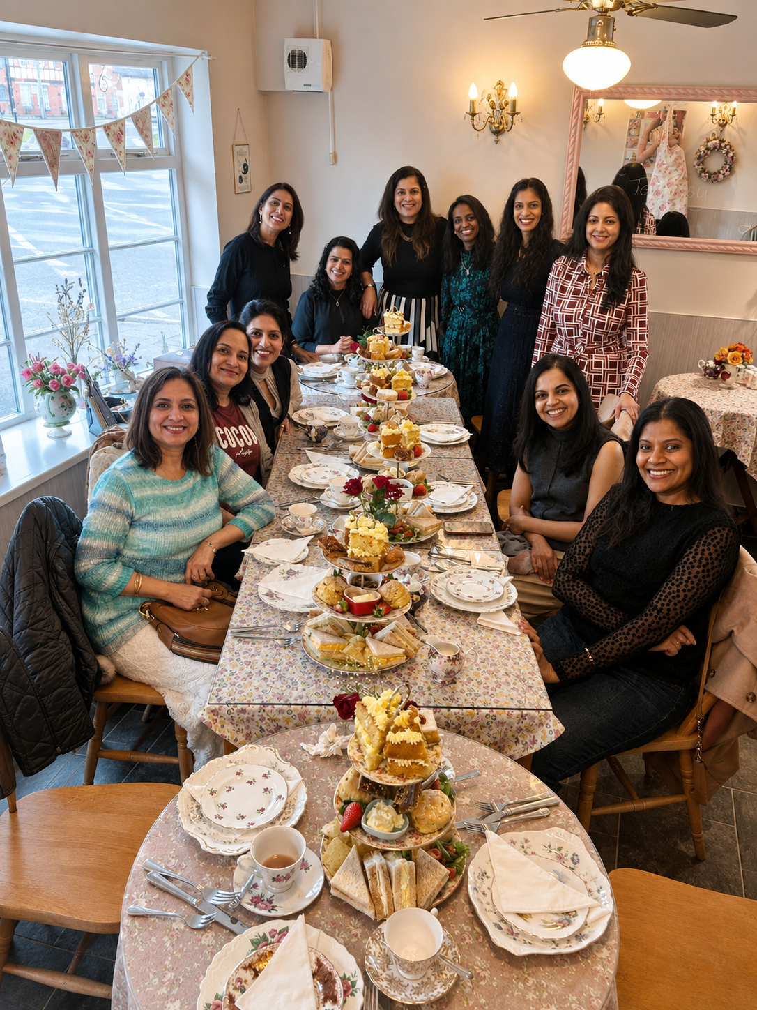 Guests gathered around an afternoon tea table inside The Tea Cosy