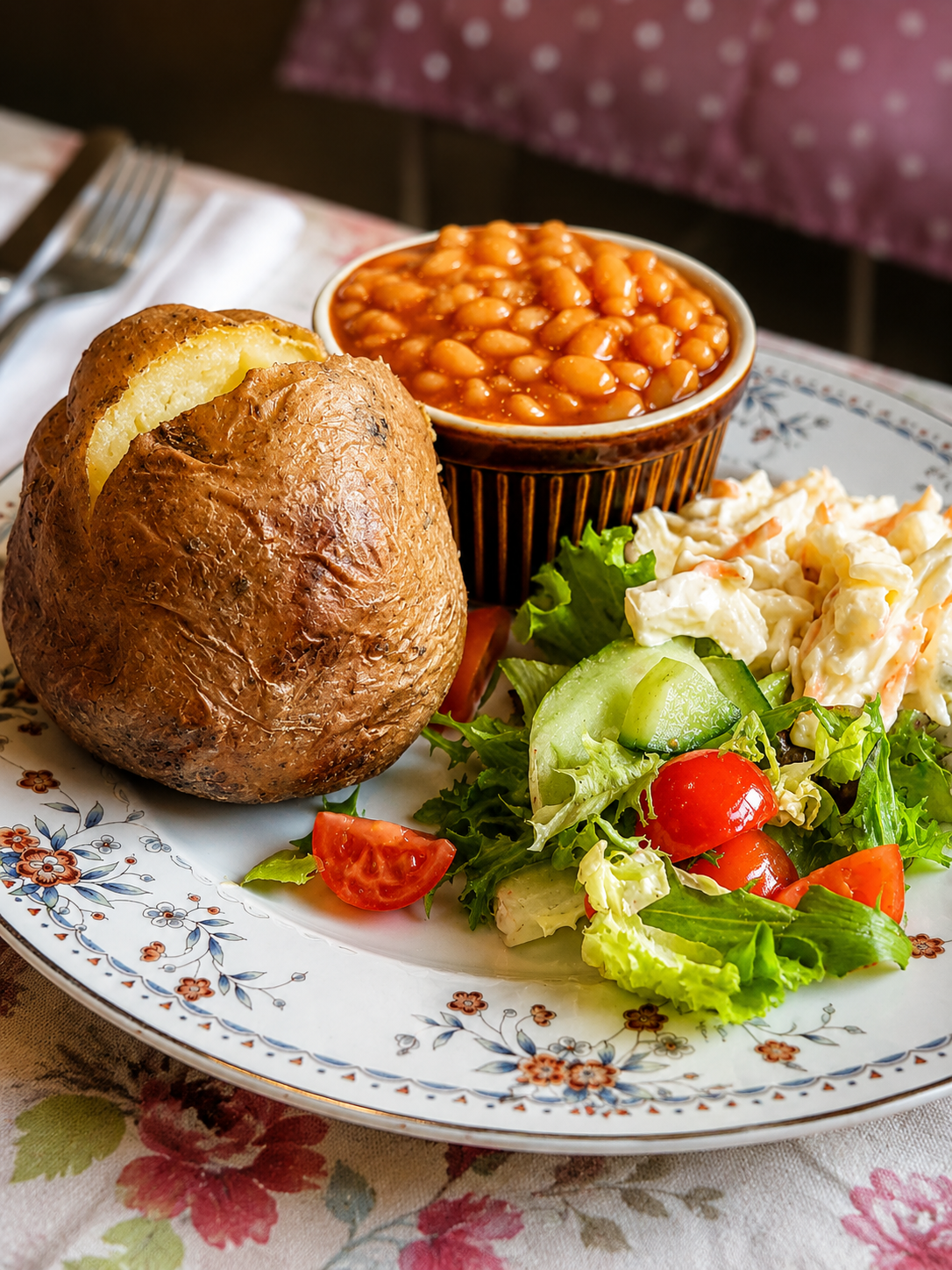 A jacket potato with baked beans, creamy coleslaw and fresh salad