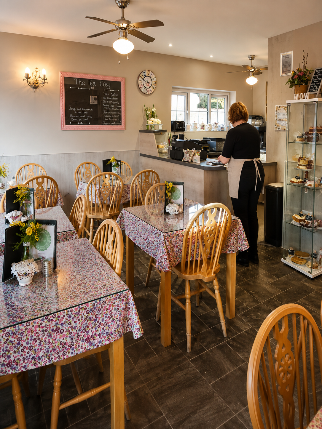 The warm interior of The Tea Cosy with floral tables and a serving counter